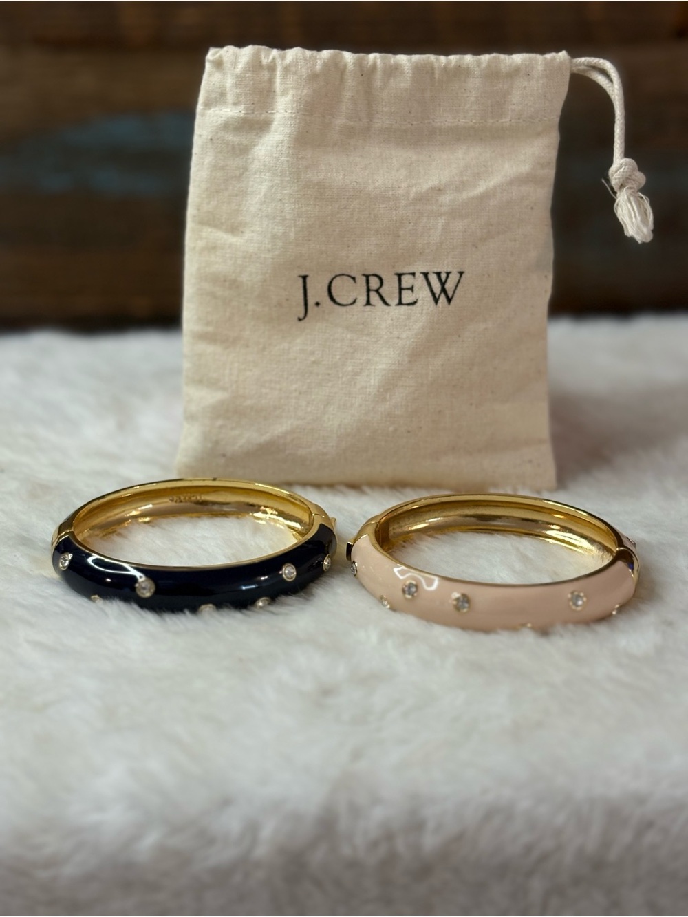 J.Crew Women's Gold-Tone Black and Blush Crystal Bangle Set